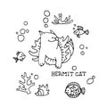 Funny cute hermit cat in a shell, marine monster, ornament element